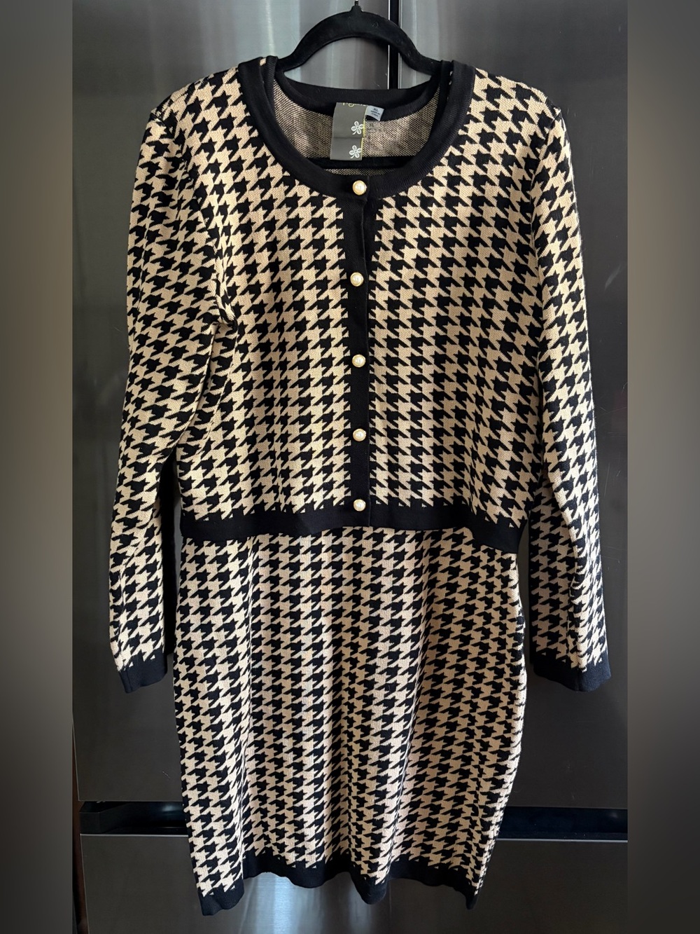 Taylor 2-Pc Co-Ord Houndstooth Knit Dress/Cardigan Set XL Preppy Old Money EUC